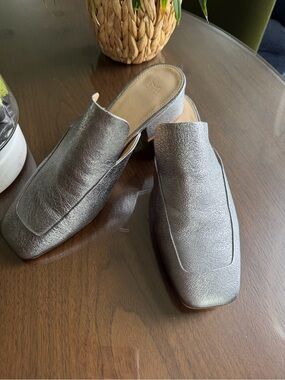 Marc Fisher Metallic Silver Leather Mules